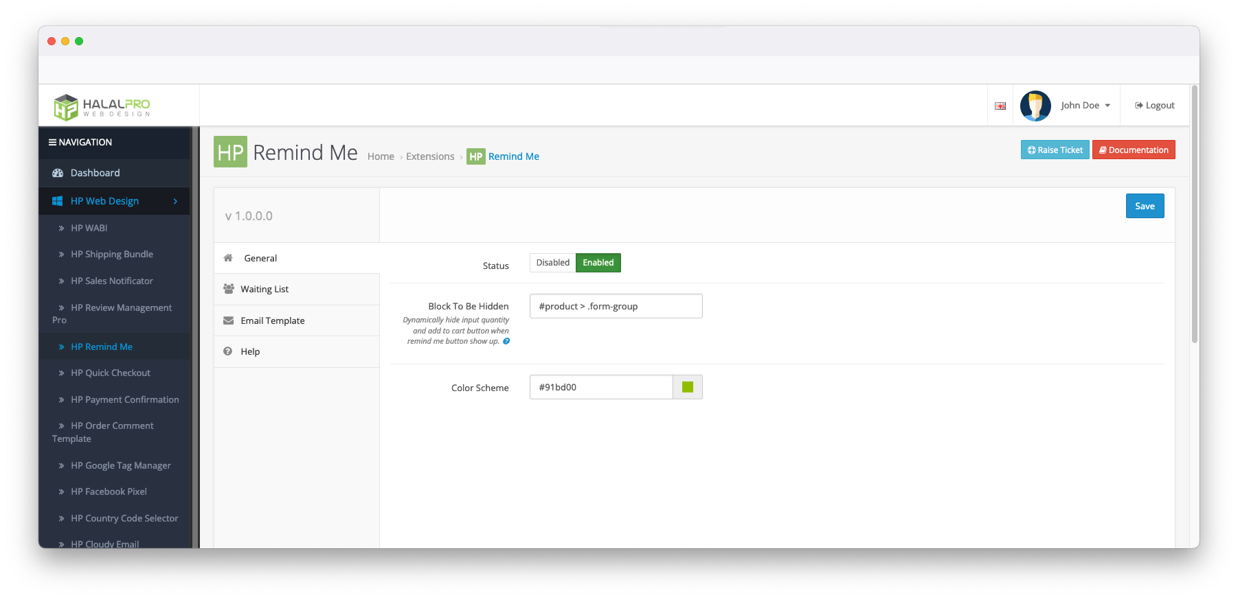 generic setting for remind or notify me opencart extension